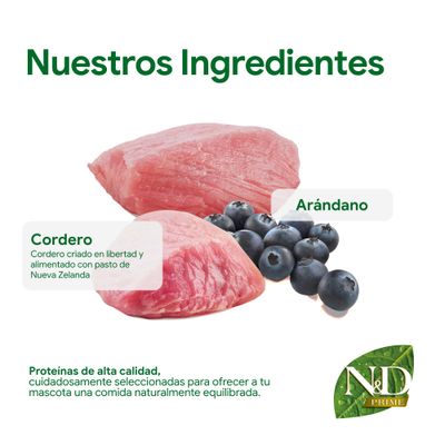 N&D Prime Ingredientes: cordero de Nueva Zelanda, arándanos. Proteínas de alta calidad, cuidadosamente seleccionadas para una comida naturalmente equilibrada para mascotas.