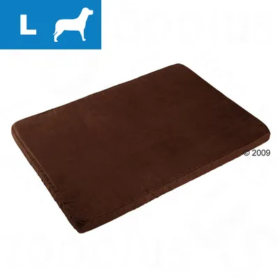 Brązowe legowisko prostokątne z tkaniny, rozmiar L widoczny w lewym górnym rogu na niebieskim tle z ikoną psa. Brązowe legowisko prostokątne z tkaniny, rozmiar L widoczny w lewym górnym rogu na niebieskim tle z ikoną psa.