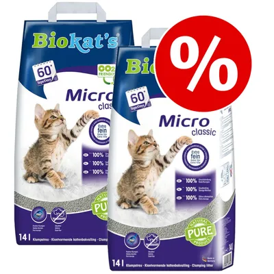 To sække Biokat's Micro classic klumpende kattegrus 14 l, tekst: Extra fein, 100 % naturlig, 60 dage, CO2 friendly. Rød procent-tegn viser tilbud.