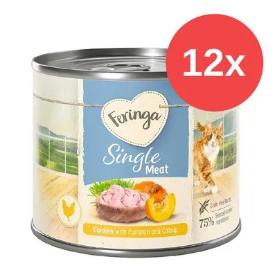Feringa Single Meat, boîte pour chat, Chicken with Pumpkin and Catnip, lot de 12x. Texte visible : grain-free, 75 % selected animal ingredients. Feringa Single Meat, boîte pour chat, Chicken with Pumpkin and Catnip, lot de 12x. Texte visible : grain-free, 75 % selected animal ingredients.
