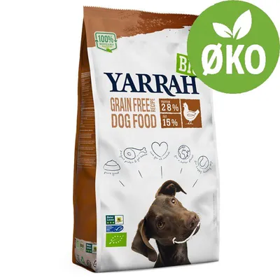 Yarrah Grain Free Dog Food, protein 28 %, fedt 15 %, øko-mærke, 100 % recyclable, billede af hund, grøn ØKO-cirkel, Beier Leven og EU-økologi mærker synlige på posen