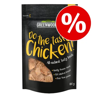 GREENWOOD Do the tasty Chicken! 97% chicken breast, gently freeze-dried, fără cereale, pachet 100 g. Simbol reducere procentuală pe ambalaj.
