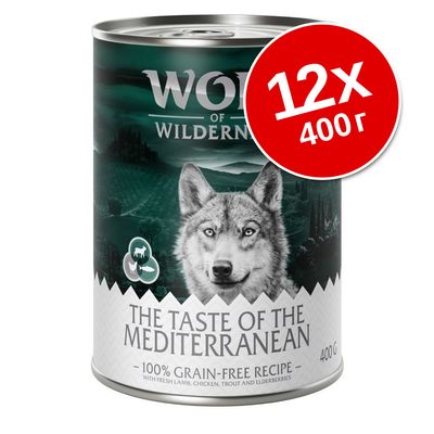 Консервы Wolf of Wilderness The Taste of the Mediterranean, 12×400 г, беззерновой рецепт, ягненок, курица, форель, бузина. Видна надпись на английском языке.