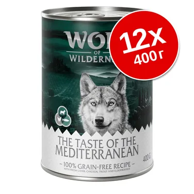Консервы Wolf of Wilderness The Taste of the Mediterranean, 12×400 г, беззерновой рецепт, ягненок, курица, форель, бузина. Видна надпись на английском языке.