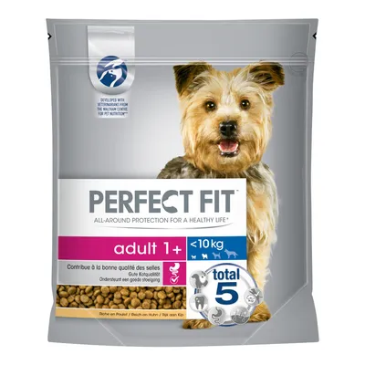 Sachet de croquettes Perfect Fit adult 1+ <10 kg, contribue à la bonne qualité des selles, riche en poulet, total 5. Texte en anglais et allemand également visible.
