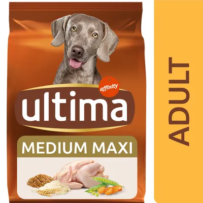 Pachet hrană pentru câini Ultima affinity MEDIUM MAXI ADULT, imagine cu un câine, carne de pui, mazăre, morcovi și cereale vizibile pe ambalaj.
