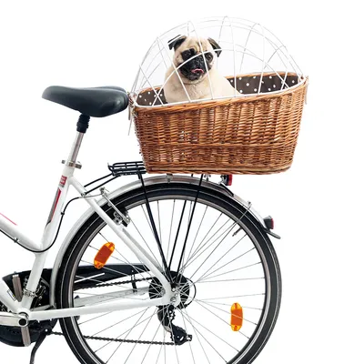 Cestino per bicicletta in legno intrecciato con griglia di protezione bianca, montato su una bicicletta. Il cestino mostra un cane come esempio d’uso.