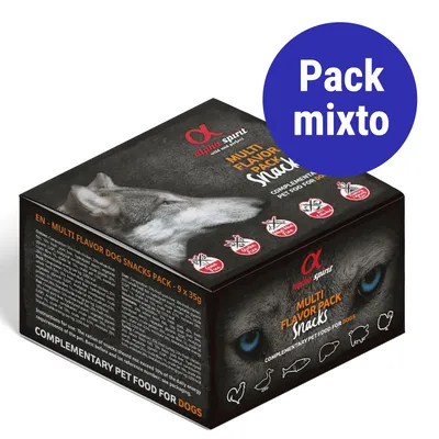 Caja de snacks para perros alpha spirit Multi Flavor Pack, texto visible: 'Pack mixto', 9 x 35 g, alimento complementario. Imagen de lobo y símbolos de animales en el lateral. Caja de snacks para perros alpha spirit Multi Flavor Pack, texto visible: 'Pack mixto', 9 x 35 g, alimento complementario. Imagen de lobo y símbolos de animales en el lateral.