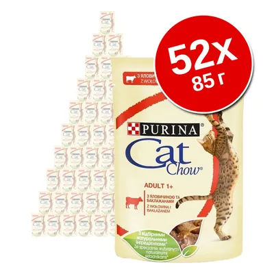 Упаковка Purina Cat Chow Adult 1+ с говядиной и баклажанами, комплект 52×85 г. На упаковке изображён кот и текст на украинском языке.