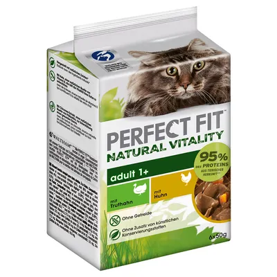 Perfect Fit Natural Vitality adult 1+ cu curcan și pui, 95% proteină animală, fără cereale, fără conservanți artificiali, pachet cu 6x50g.