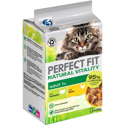 PERFECT FIT natural vitality adult 1+, con tacchino e pollo, 95% delle proteine di origine animale, senza cereali, senza aggiunta di conservanti artificiali, 6x50 g.