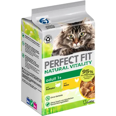 PERFECT FIT natural vitality adult 1+, con tacchino e pollo, 95% delle proteine di origine animale, senza cereali, senza aggiunta di conservanti artificiali, 6x50 g.