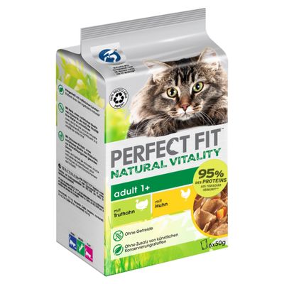 Perfect Fit Natural Vitality adult 1+ med kalkun og havfisk, 95% animalsk protein, uden korn, uden kunstige konserveringsmidler, pakke 6x50g.