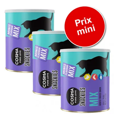 Trois boîtes Cosma Pure Love Snackies Minis Flavour Mix avec silhouettes de chat, texte visible : 'Prix mini' sur un cercle rouge.