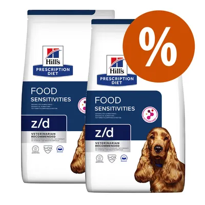 Hill's Prescription Diet z/d Food Sensitivities, vom Tierarzt empfohlen. AktivBiome+ Technologie. Angebot mit Prozentzeichen sichtbar.