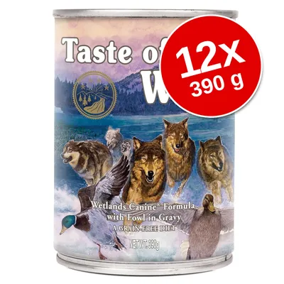 Conservă Taste of the Wild Wetlands Canine Formula with Fowl in Gravy, 390 g. Pachet promoțional 12 x 390 g, text vizibil pe etichetă în limba engleză.