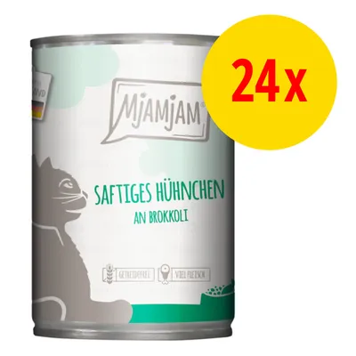 Mjamjam Nassfutter für Katzen, Sorte: Saftiges Hühnchen an Brokkoli, getreidefrei, viel Fleisch. Packungsgrösse: 24x Dose.