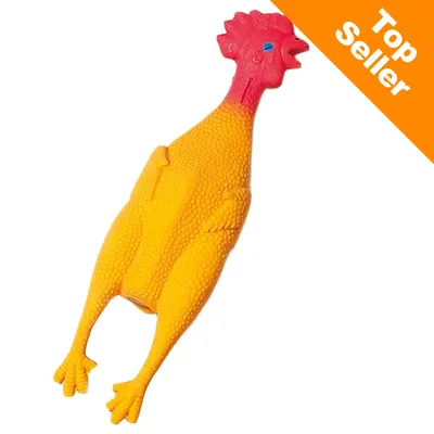 Žltá gumová hračka v tvare sliepky, nápis Top Seller v oranžovom rohu