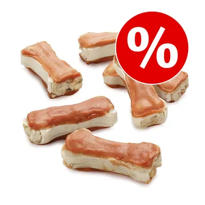 Oase pentru câini cu strat exterior maro și interior deschis la culoare, simbol de reducere procentuală (%) pe fundal roșu în colțul din dreapta sus. Oase pentru câini cu strat exterior maro și interior deschis la culoare, simbol de reducere procentuală (%) pe fundal roșu în colțul din dreapta sus.