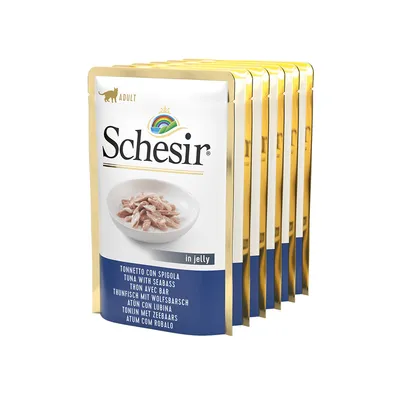 Confezione multipla di bustine Schesir Adult tonnetto con spigola in jelly, testo visibile: Tuna with seabass, Thunfisch mit Wolfsbarsch, Atún con lubina, Tonijn met zeebaars, Atum com robalo.