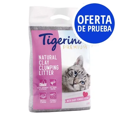 Tigerino Premium Natural Clay Clumping Litter, con aroma a talco para bebé, 6 kg. Texto en inglés: ultra absorbent & efficient, fast odour control, immediate clumping, extremely low-dust. Oferta de prueba.