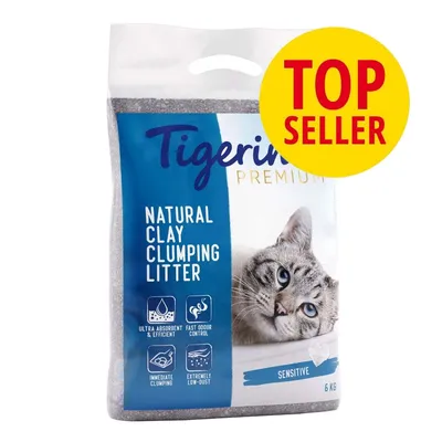 Tigerino Premium Natural Clay Clumping Litter Sensitive, 6 kg. Texto visible: ultra absorbent & efficient, fast odour control, immediate clumping, extremely low-dust. TOP SELLER.