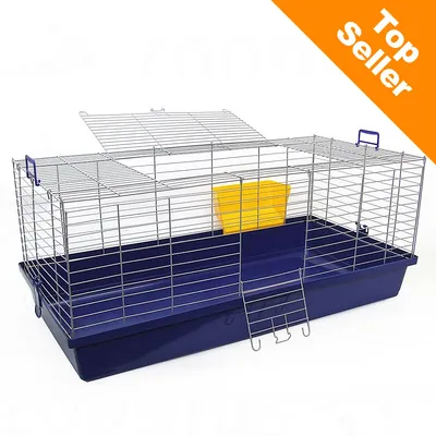 Klietka s kovovou mriežkou a plastovým dnom, žltá miska vo vnútri, otvorené horné dvierka. Oranžový roh s textom Top Seller.