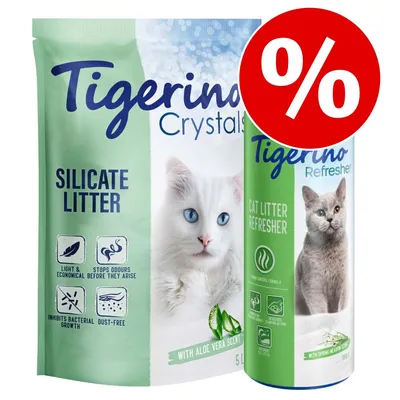 Tigerino Crystals Silicate Litter 5L és Tigerino Refresher Cat Litter Refresher, akciós jelzéssel. Látható: macskák, aloe vera illat, tavaszi rét illat, angol nyelvű feliratok.