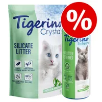 Tigerino Crystals alom + Tigerino Refresher - szagtalanító macskaalomhoz - Classic (5 l) + Babapúder illatú Refresher (700 g)