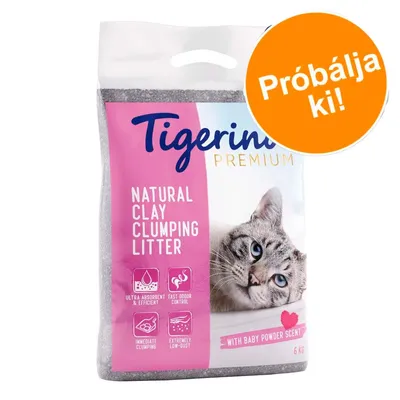 Tigerino Premium Natural Clay Clumping Litter macskaalom, 6 kg, baby powder illattal. Próbálja ki! Feliratok: ultra absorbent & efficient, fast odour control, immediate clumping, extremely low-dust.