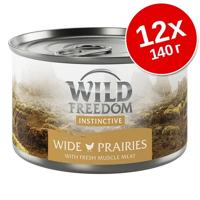 Консерва Wild Freedom Instinctive Wide Prairies with fresh muscle meat, 12×140 г. Видим етикет с пейзаж и текст на английски.