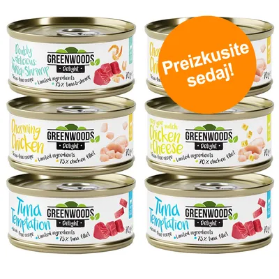 Šest konzerv Greenwoods Delight: Doubly Delicious Tuna & Shrimp, Charming Chicken, Chicken & Cheese, Tuna Temptation. Na oranžnem krogu besedilo: Preizkusite sedaj!