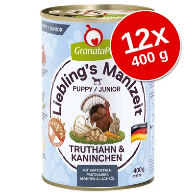 Conservă GranataPet Liebling's Mahlzeit Puppy/Junior, curcan și iepure, 400 g. Pachet 12 x 400 g. Text vizibil: mit Kartoffeln, Pastinaken, Möhren & Lachsöl. Made in Germany.