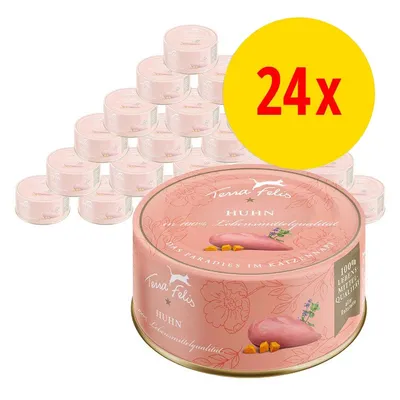 Terra Felis Huhn Katzenfutter, 24 Dosen, 100% Lebensmittelqualität, rosa Verpackung mit Huhn-Abbildung und gelbem Kreis mit roter Aufschrift '24x' Terra Felis Huhn Katzenfutter, 24 Dosen, 100% Lebensmittelqualität, rosa Verpackung mit Huhn-Abbildung und gelbem Kreis mit roter Aufschrift '24x'