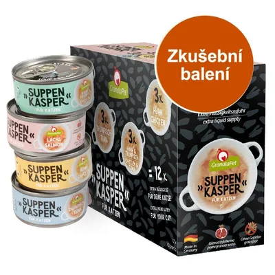 GranataPet SUPPEN KASPER für Katzen zkušební balení, 12×70 g. Viditelné příchutě: losos, tuňák, kuře, kuře a tuňák. Bez obilovin, granátové jablko, vyrobeno v Německu. GranataPet SUPPEN KASPER für Katzen zkušební balení, 12×70 g. Viditelné příchutě: losos, tuňák, kuře, kuře a tuňák. Bez obilovin, granátové jablko, vyrobeno v Německu.