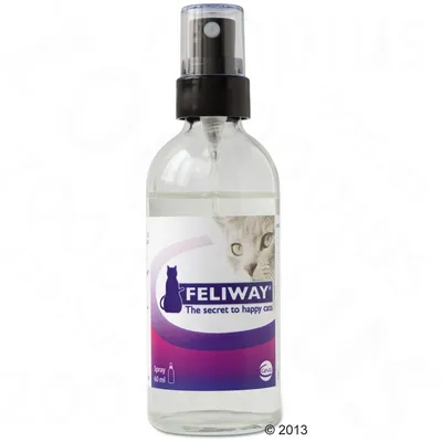 FELIWAY The secret to happy cats -suihke, 60 ml. Etiketissä kissan kuva ja violetti-sininen väritys. Tuotenimi ja teksti englanniksi näkyvissä.