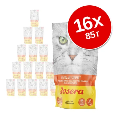 Josera Huhn mit Spinat, 16×85 г паучове за котки. Видими надписи: Anti-Hairball, Grain-free, Made in Germany.