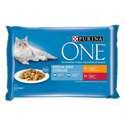 Purina ONE. Hrană specială pentru pisici sterilizate, 4x85g. Bucăți în sos: 2x pui cu fasole verde, 2x vită cu morcovi. Susține controlul greutății și sănătatea tractului urinar.