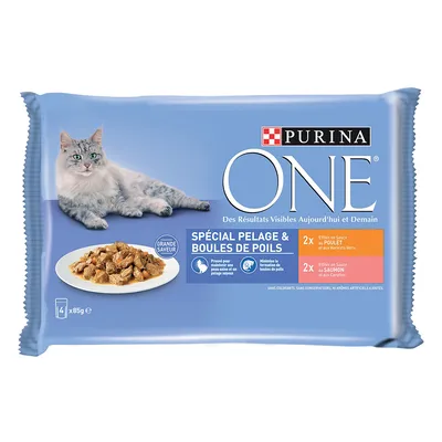 Purina One влажный корм для кошек, Специал Пелаж & Boules de Poils, 4x85г. 2x курица с зелёной фасолью, 2x лосось с морковью. Без красителей, консервантов и искусственных добавок.