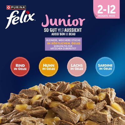 Purina Felix Junior, 2-12 Monate. Kleinere, weichere Stücke in köstlichem Gelee: Rind, Huhn, Lachs, Sardine. Sorgfältig für Kätzchen zubereitet.