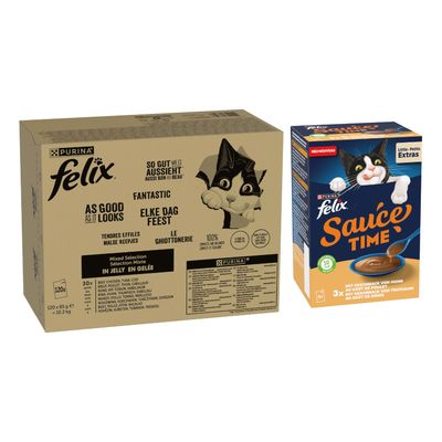 Purina Felix Dupla Finomság Duo Countryside Selection aszpikban, 120x85 g, 100%-ban teljes értékű és kiegyensúlyozott, omega-6 zsírsavakat és vitaminokat tartalmaz. Csomagoláson macska látható.