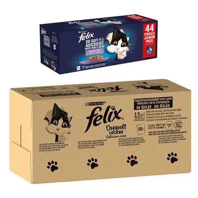 44 x 85 g gratis! 120 x 85 g/120 x 80 g Pachet Jumbo Felix + 44 x 85 g hrană umedă pentru pisici - 120x85 g Delicii duble (Vită & pasăre, Curcan & ficat, Pui & rinichi, Rață & miel) + 44x85 g Pui, vită, ton, somon