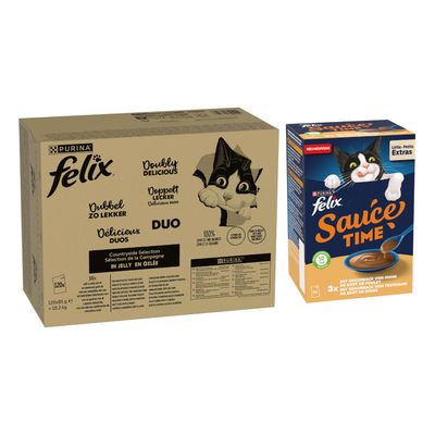 Purina Felix Dupla Finomság Duo Countryside Selection aszpikban, 120x85 g, 100%-ban teljes értékű és kiegyensúlyozott, omega-6 zsírsavakat és vitaminokat tartalmaz. Csomagoláson macska látható.