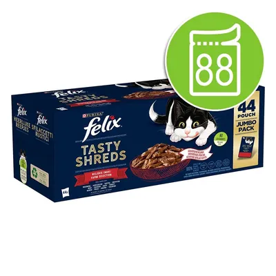 Опаковка Felix Tasty Shreds Farm Selection, 44 пауча. Видим е черно-бял котарак и купа с храна. Надпис: Jumbo Pack, No colourants. Голям зелен символ с пауч и числото 88.