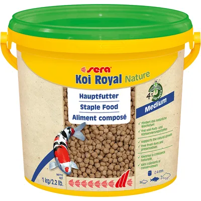 Sera Koi Royal Nature hovedfoder til koi, medium, 1 kg. Fremmer vækst, fri for farve- og konserveringsstoffer, 4 mm pellets.