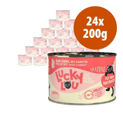 24 lattine da 200 g Lucky Lou Geflügel mit Karotte, Poultry with Carrot, per gattini. Testo visibile: >96% meat + innards & cooking liquid, Made in Germany, Für kleine Nesthocker. 24 lattine da 200 g Lucky Lou Geflügel mit Karotte, Poultry with Carrot, per gattini. Testo visibile: >96% meat + innards & cooking liquid, Made in Germany, Für kleine Nesthocker.