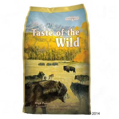Taste of the Wild High Prairie Canine Formula with Roasted Bison & Roasted Venison. A grain-free diet. PURIFIED WATER. Billede af ulve og bisoner på posen.