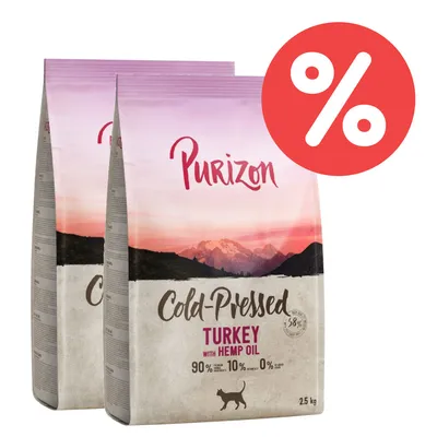 Purizon Cold-Pressed Turkey with Hemp Oil, 2,5 kg. 90% Fleisch, 10% Gemüse, 0% Getreide. Bild zeigt zwei Packungen mit Rabatt-Symbol.