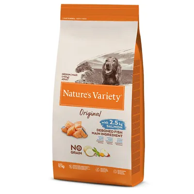 Nature's Variety Original kuivaruoka keskikokoisille ja suurille aikuisille koirille, pääainesosa 2,5 kg lohi, viljaton, pakkauskoko 12 kg.