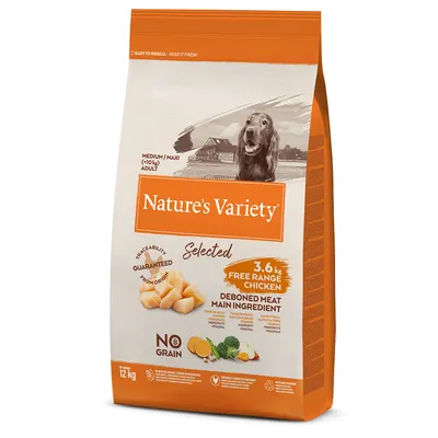 Nature's Variety Selected szárazeledel közepes és nagytestű kutyáknak, fő összetevő csontozott hús, 3,6 kg szabadtartású csirke, gabonamentes, garantált eredet. Kiszerelés: 12 kg.